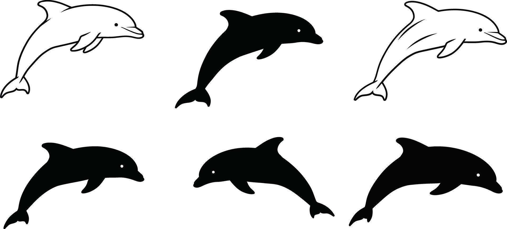 Dolphin silhouettes set showing various jumping and swimming marine mammal poses natural flow vector