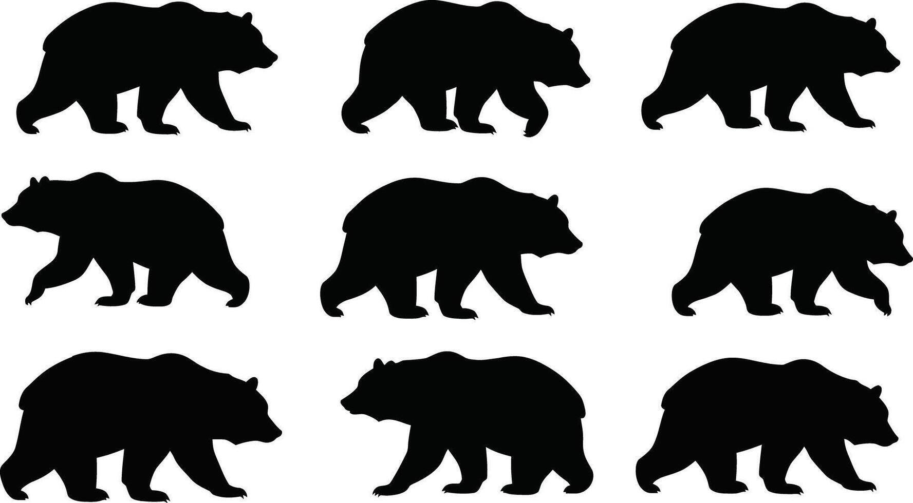 Bear silhouette set with multiple walking poses black animal shapes illustration vector
