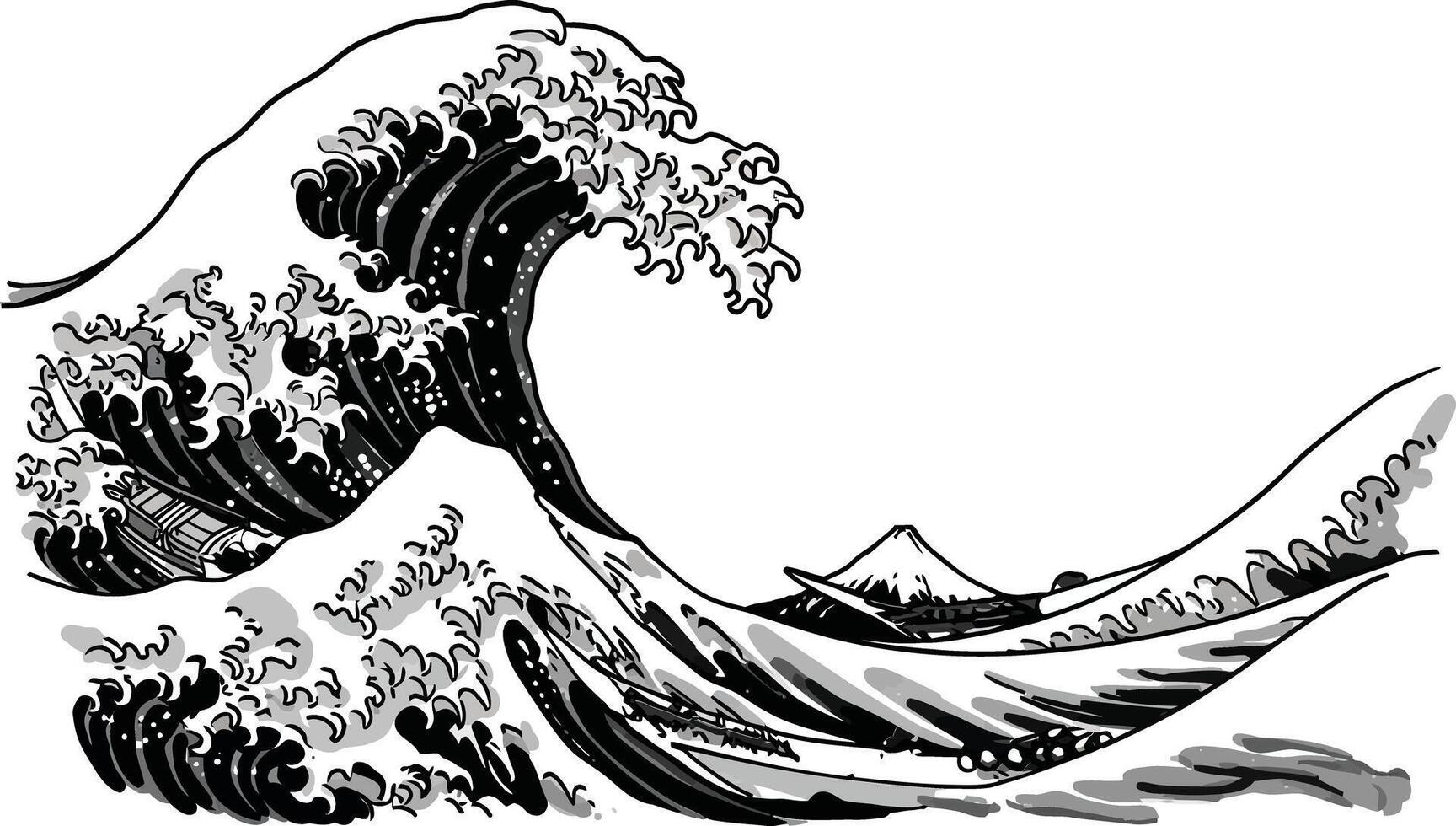 Japanese Great Wave off Kanagawa woodblock print traditional art style black and white ocean wave with mountain background vector