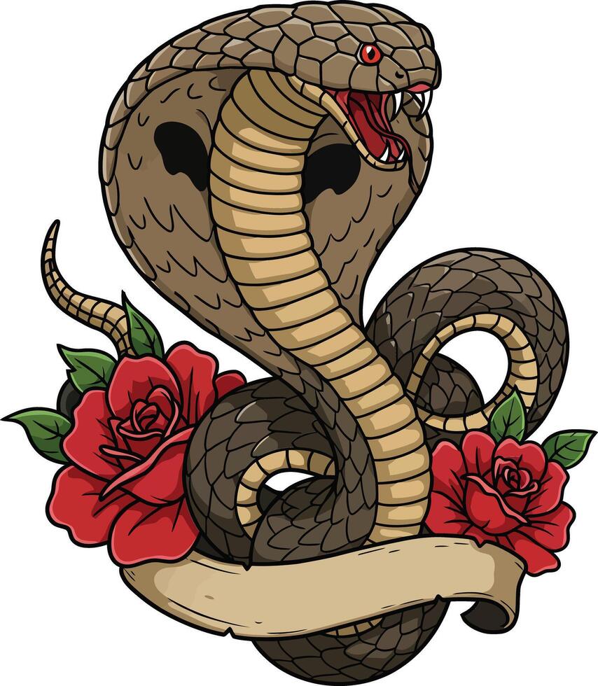 Aggressive brown cobra snake with open mouth surrounded by red roses and blank banner in tattoo style artwork vector