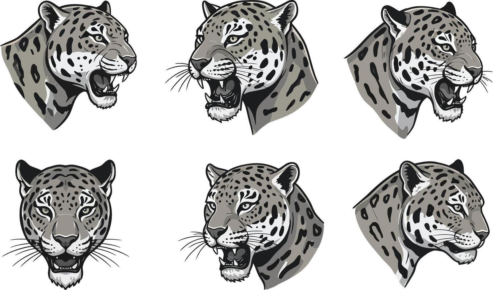Leopard head set with various facial expressions in black and grey illustration vector
