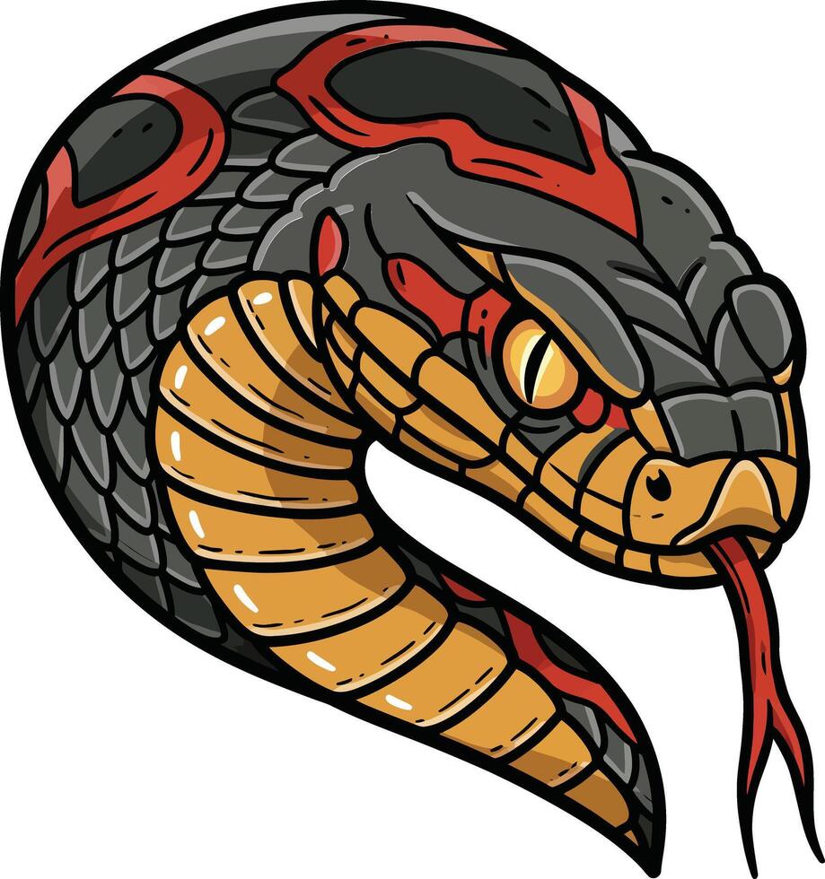 Aggressive stylized snake head with red and orange markings striking pose illustration vector