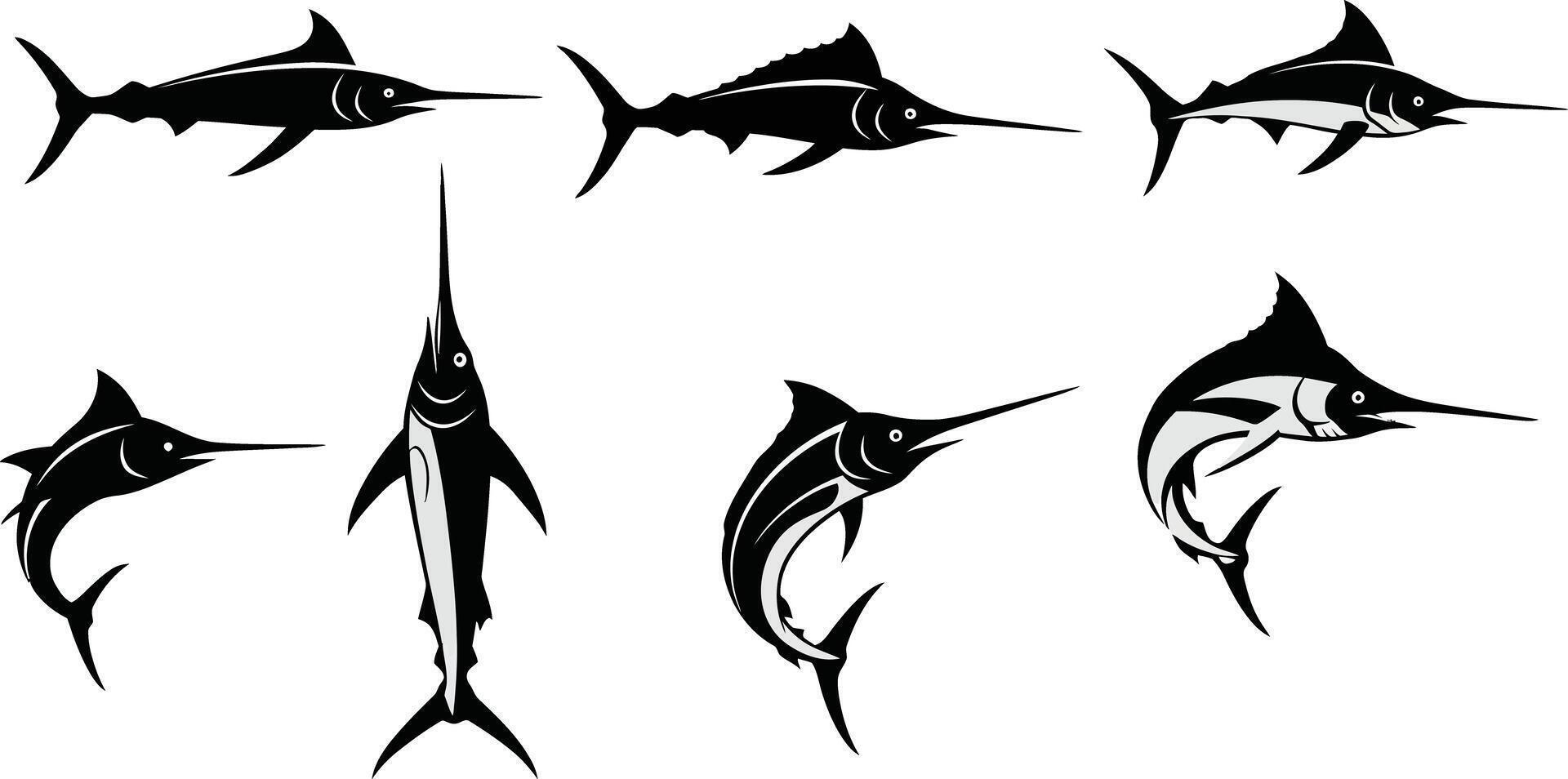 Marlin fish black silhouette illustration with three swimming swordfish dynamic composition vector