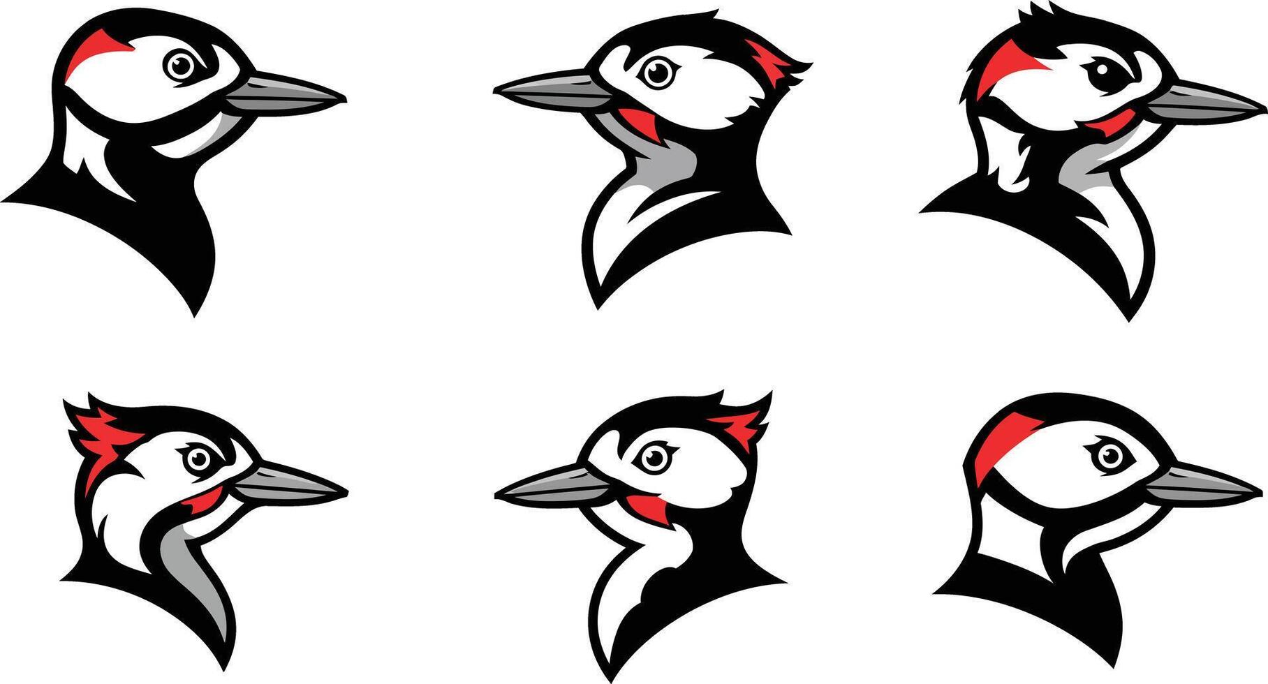 Woodpecker bird head icons in various poses black red and white illustration collection vector