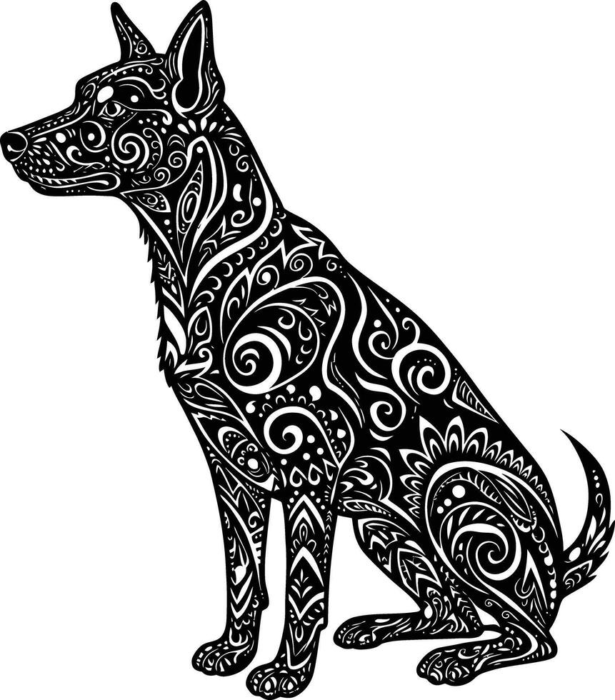 Sitting dog silhouette with decorative tribal swirl floral patterns in black and white art style illustration vector