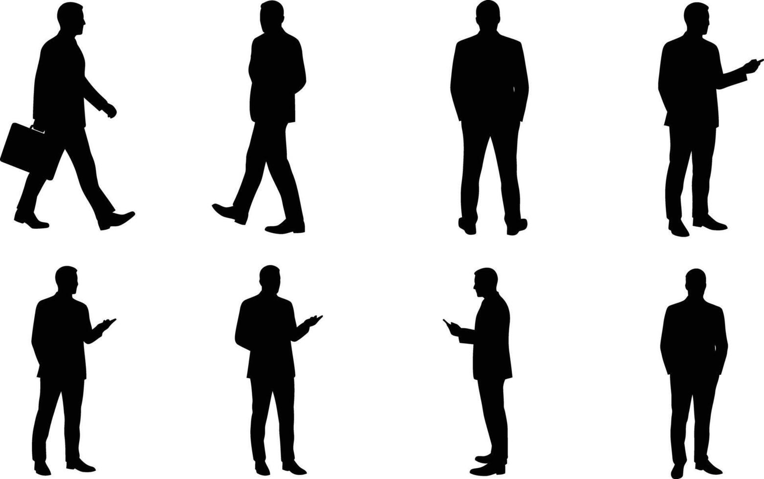 Businessman silhouette collection walking standing and gesturing in various poses illustration vector