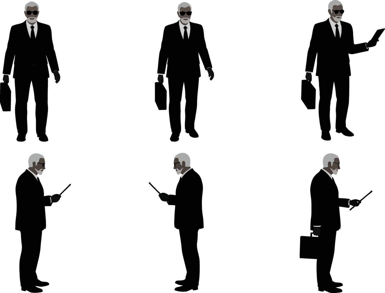 Businessman silhouettes in formal suit holding briefcase and phone in different poses for professional concept vector