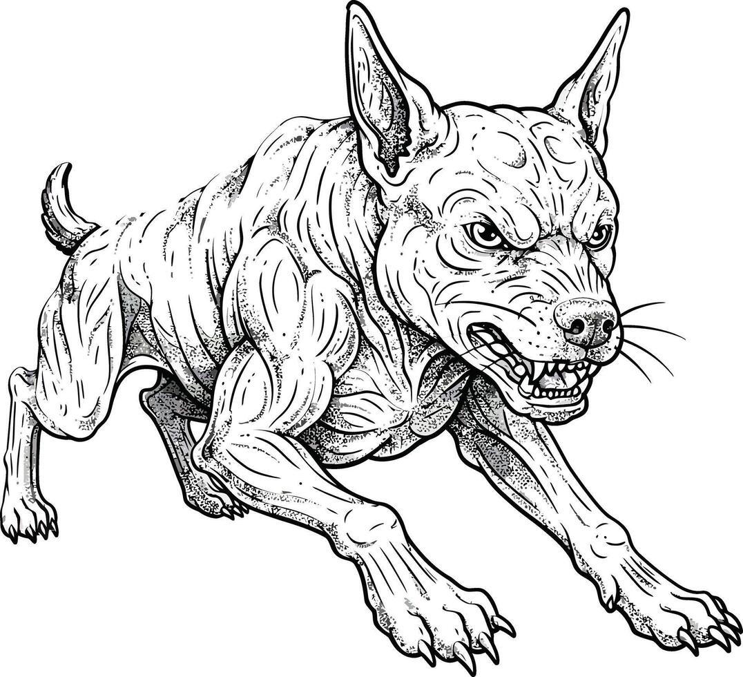 Muscular fierce dog in aggressive pose detailed black and white ink drawing art vector