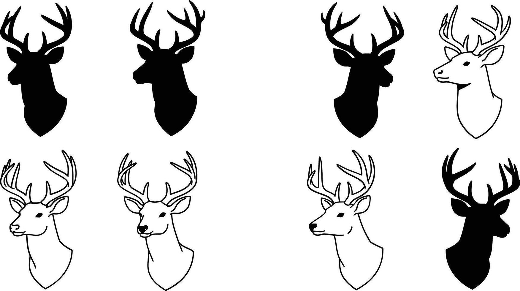 Deer head silhouettes with antlers in black and white illustration set for hunting and wildlife designs vector