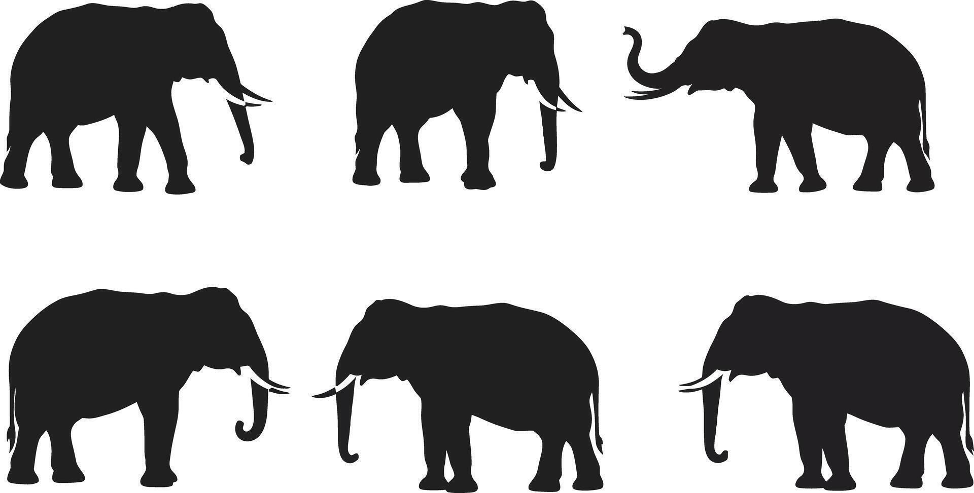 Elephant silhouette set with various poses black animal shapes illustration collection vector