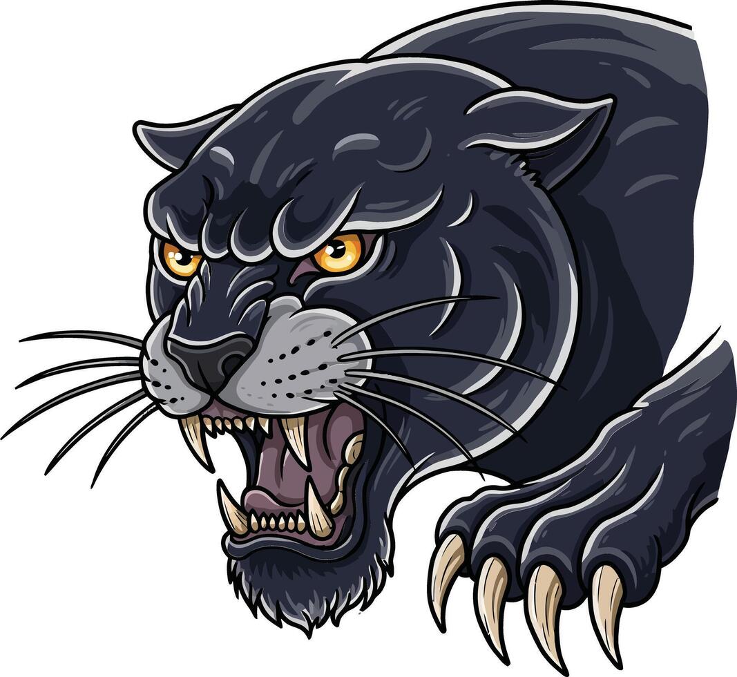 Fierce black panther roaring with sharp claws and intense amber eyes in aggressive pose digital illustration vector