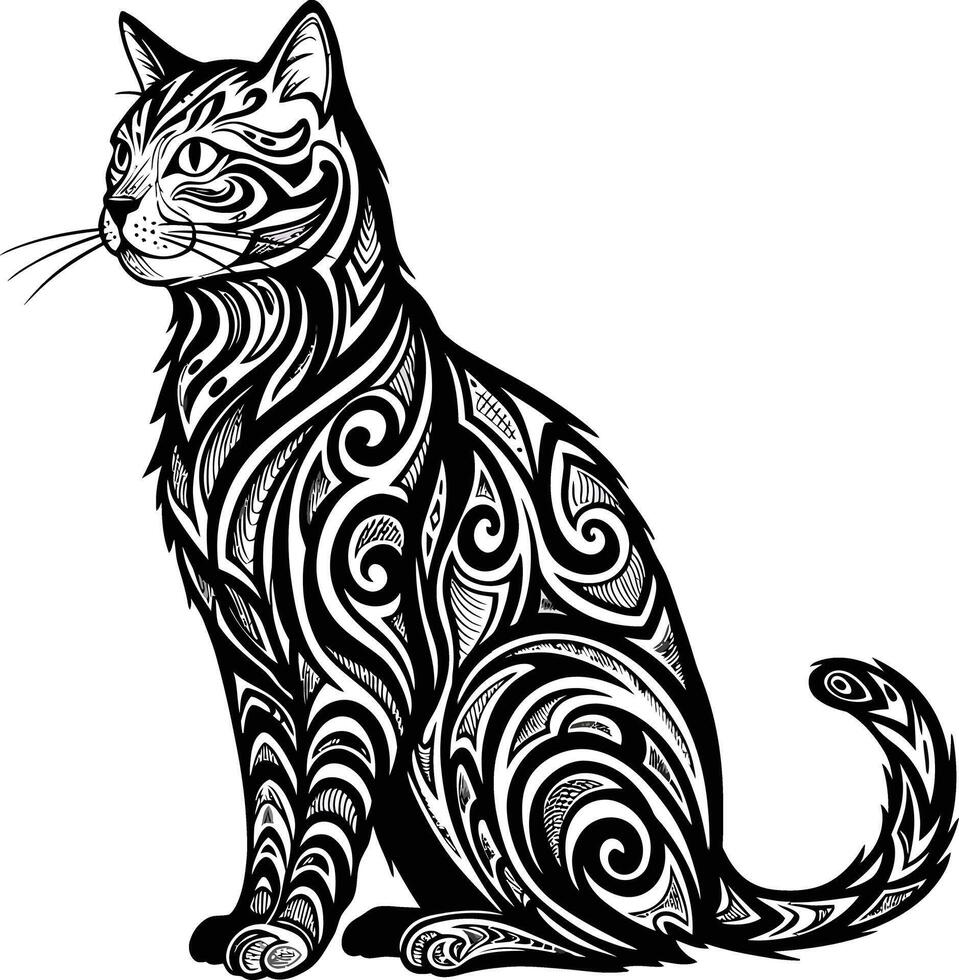 Cat with tribal tattoo style patterns in black and white sitting in profile illustration art design vector