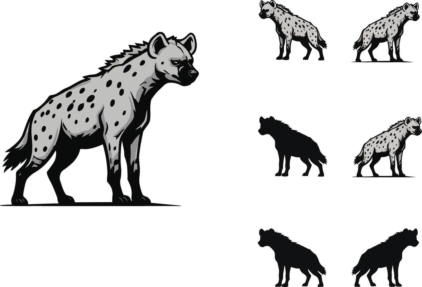 Spotted Hyena Illustration with Multiple Silhouettes in Various Poses for Wildlife Design vector