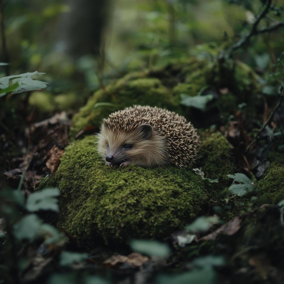 Hedgehog Resting Along Mossy Boulders photo