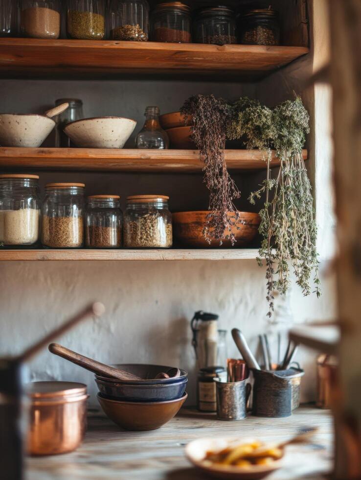 Farmhouse Kitchen Display with Neatly Arranged Rustic Shelves photo