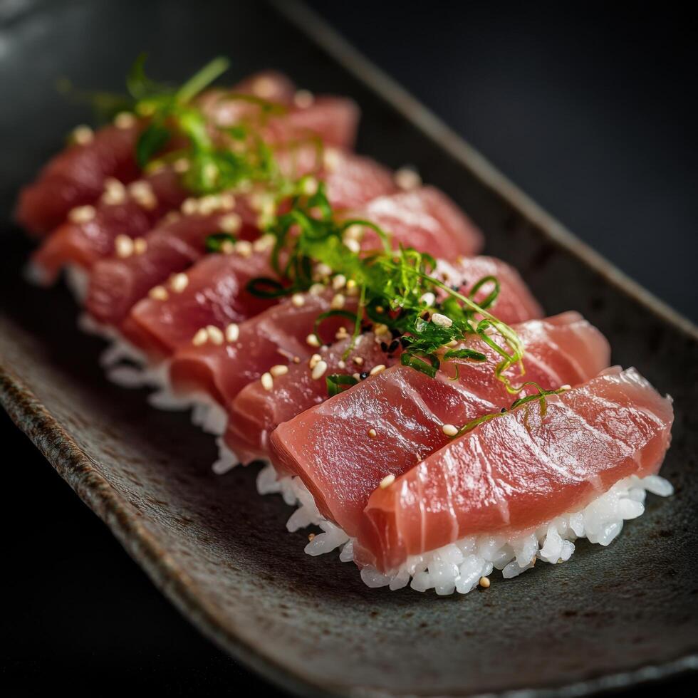 Delicate Raw Tuna Placed Upon Cushions of Sushi Rice photo