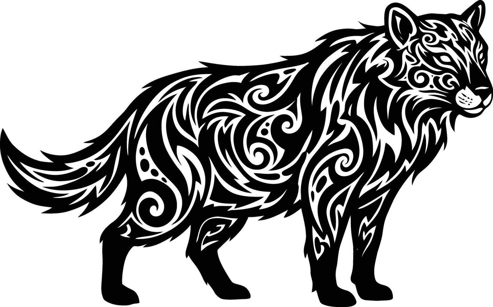 Tribal style wolf silhouette with intricate swirl patterns in black and white art design vector