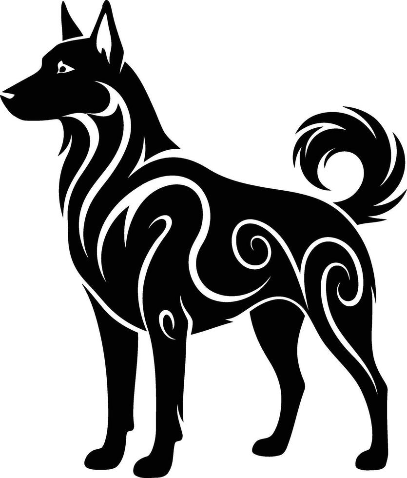 Tribal styled black dog silhouette with artistic swirl patterns on white background for creative design and tattoo ideas vector