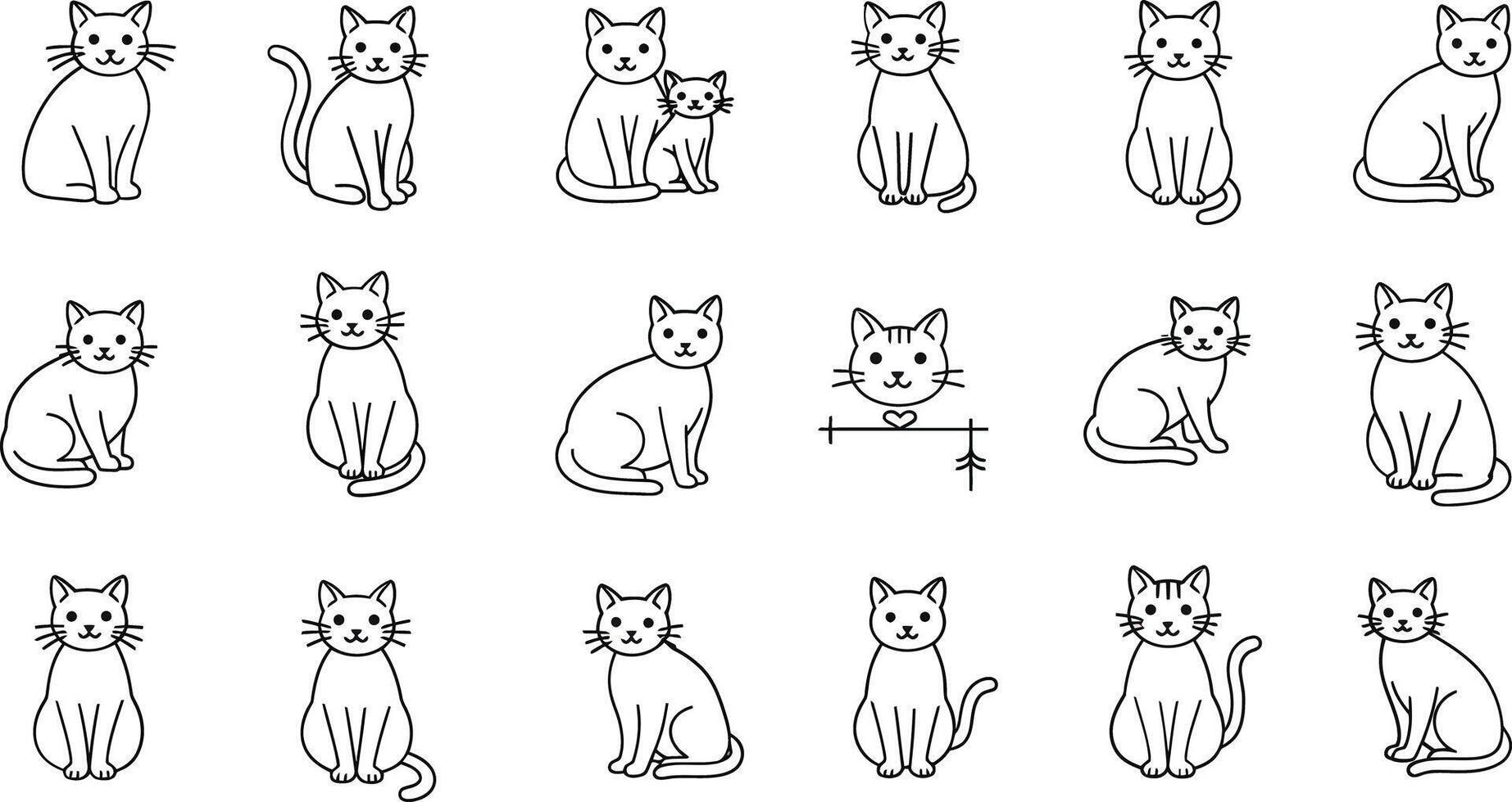 Various simple black line art cat illustrations with different poses and expressions in white background vector