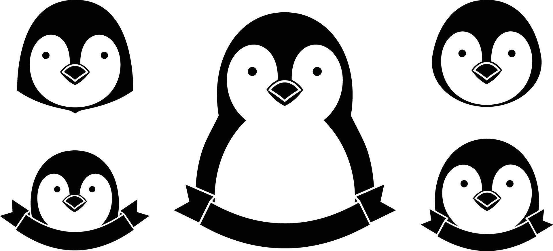 Penguin faces with blank white banners illustration in simple black white and orange colors for design projects vector