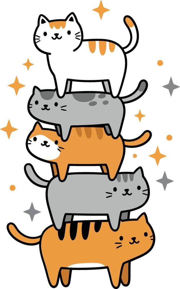 Stack of four playful cats in cute cartoon style with sparkling stars and white background vector
