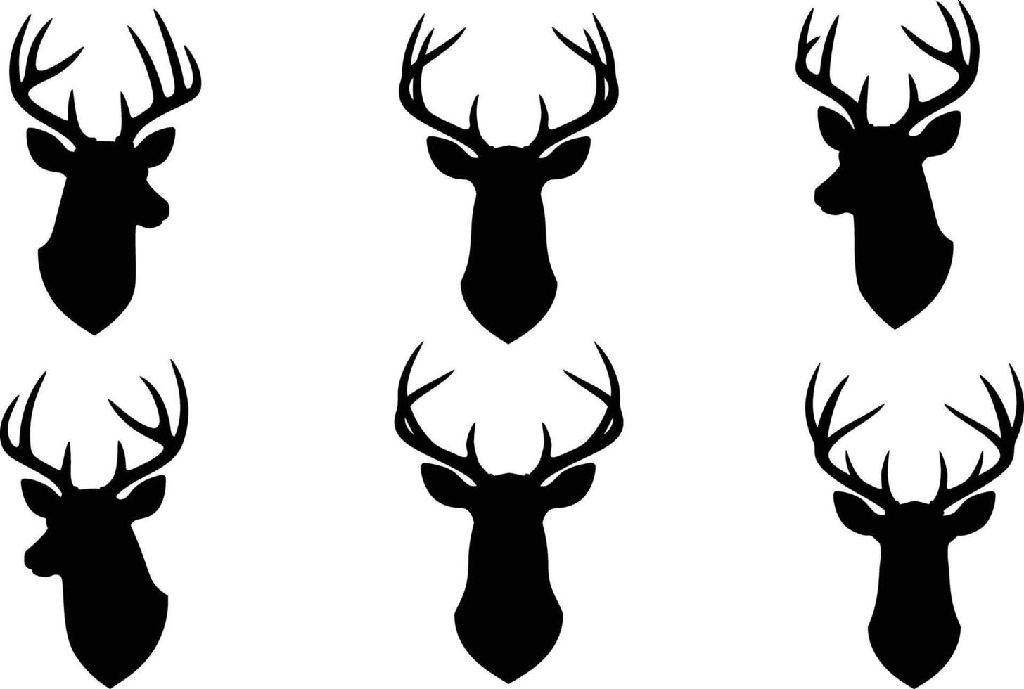 Deer silhouette set with six black stag head illustrations in various poses for nature and wildlife design elements vector