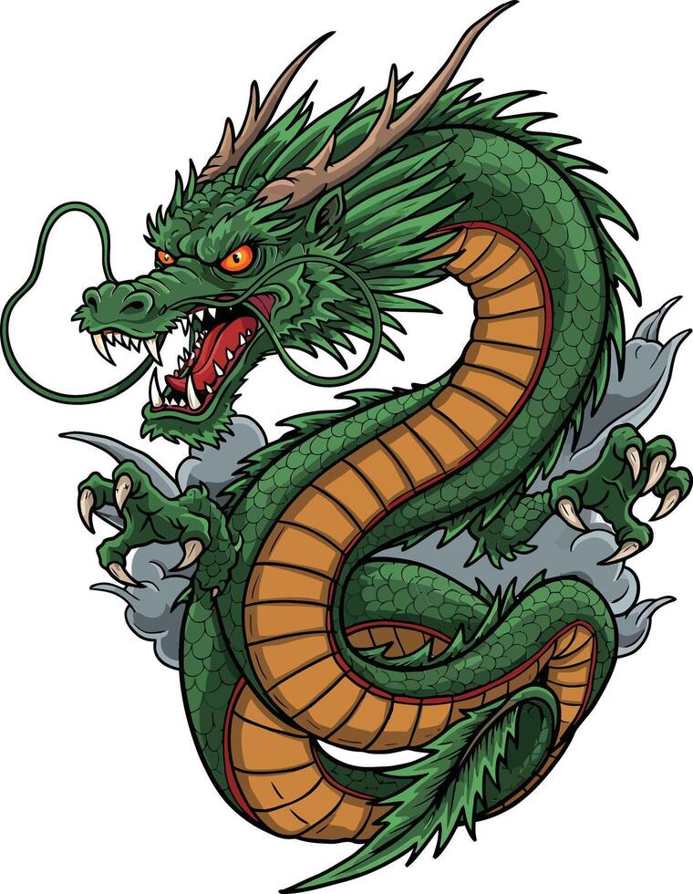 Green fierce dragon illustration with orange belly and sharp claws in dynamic pose vector