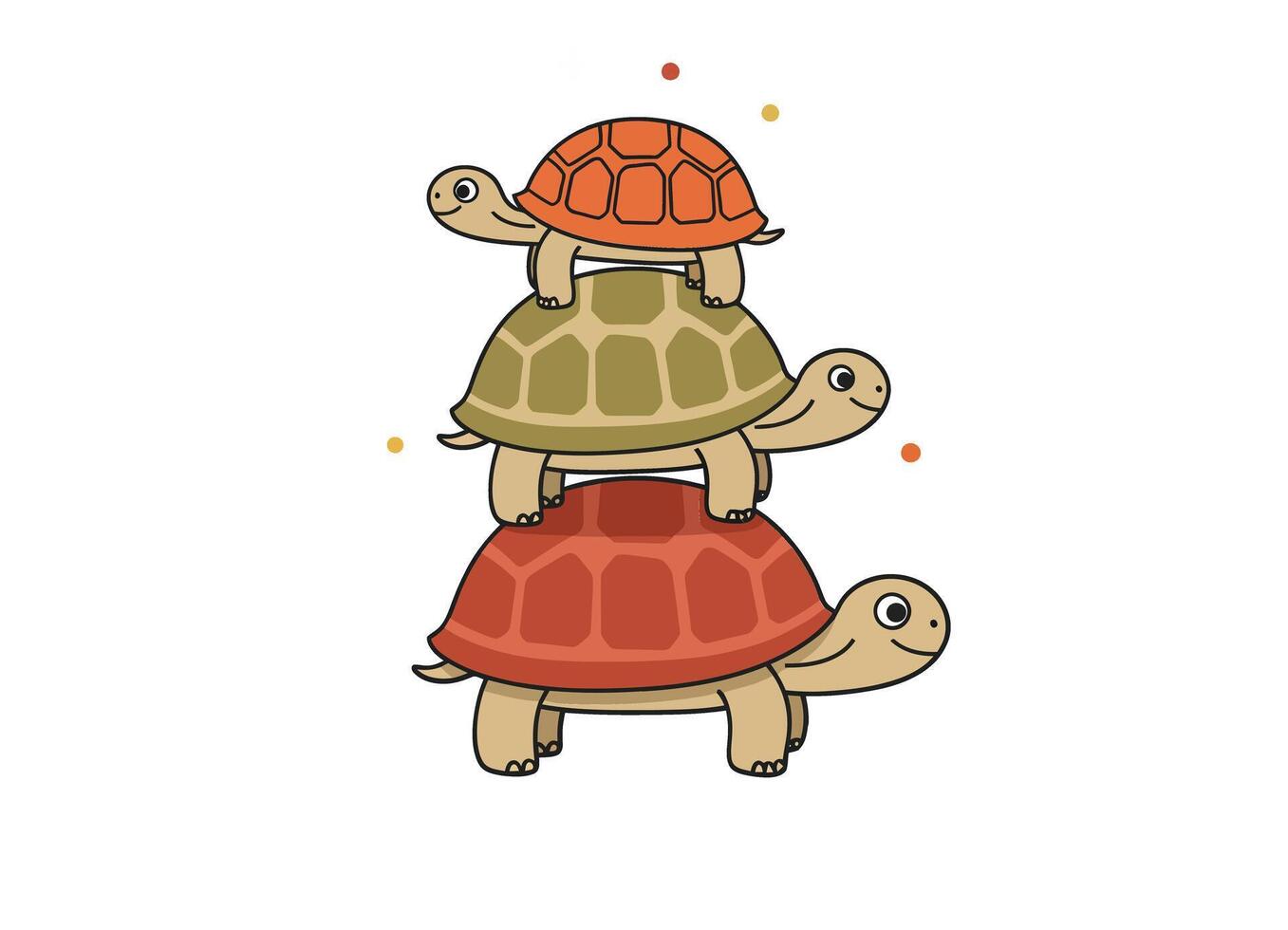 Three stacked turtles with colorful shells in simple cartoon style illustration for children and education purposes vector