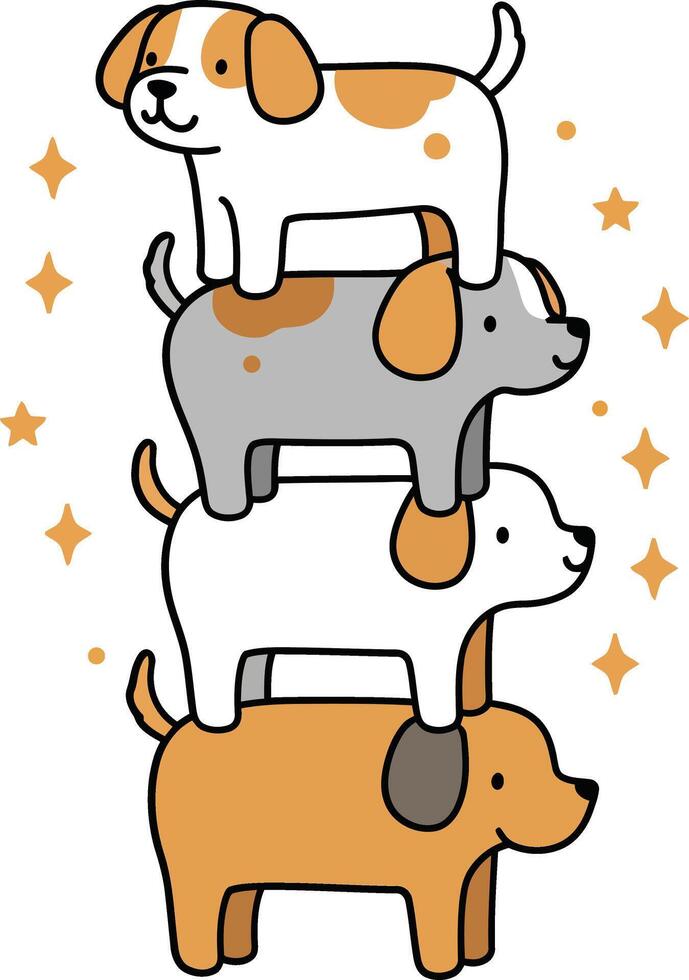Cartoon dogs stacked in balanced tower with sparkling stars simple cute illustration vector