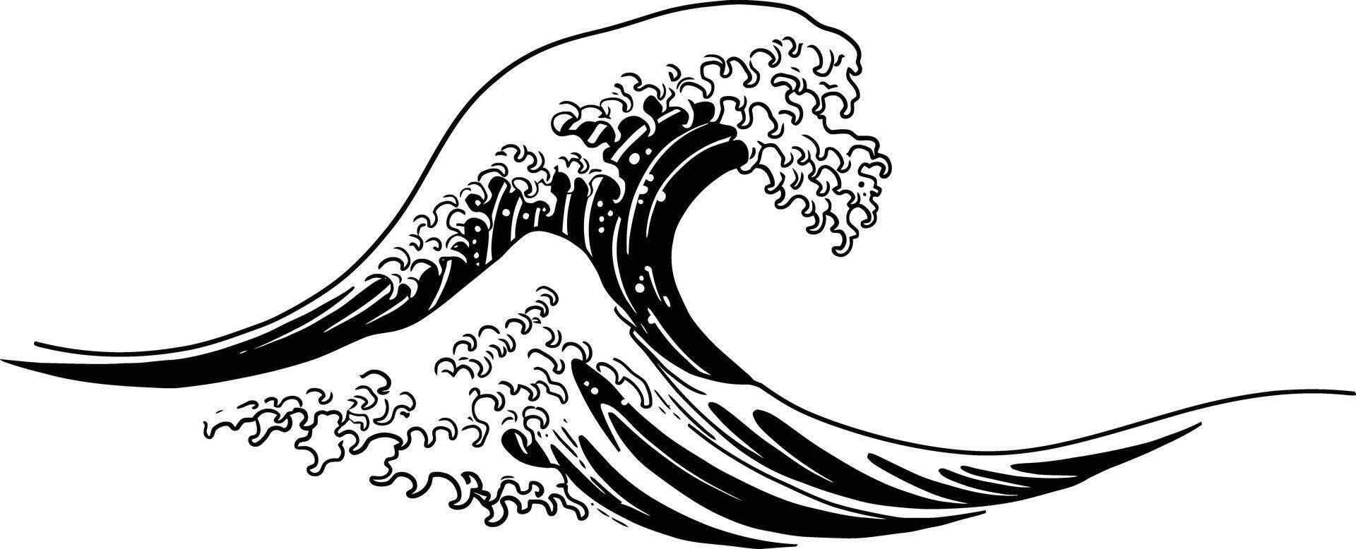 Black and white stylized ocean wave drawing with curling crest and foam detail for art and design inspiration vector