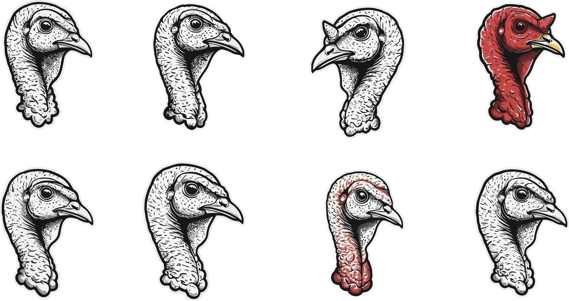 Vintage hand drawn turkey head illustrations with detailed texture and profile views set vector