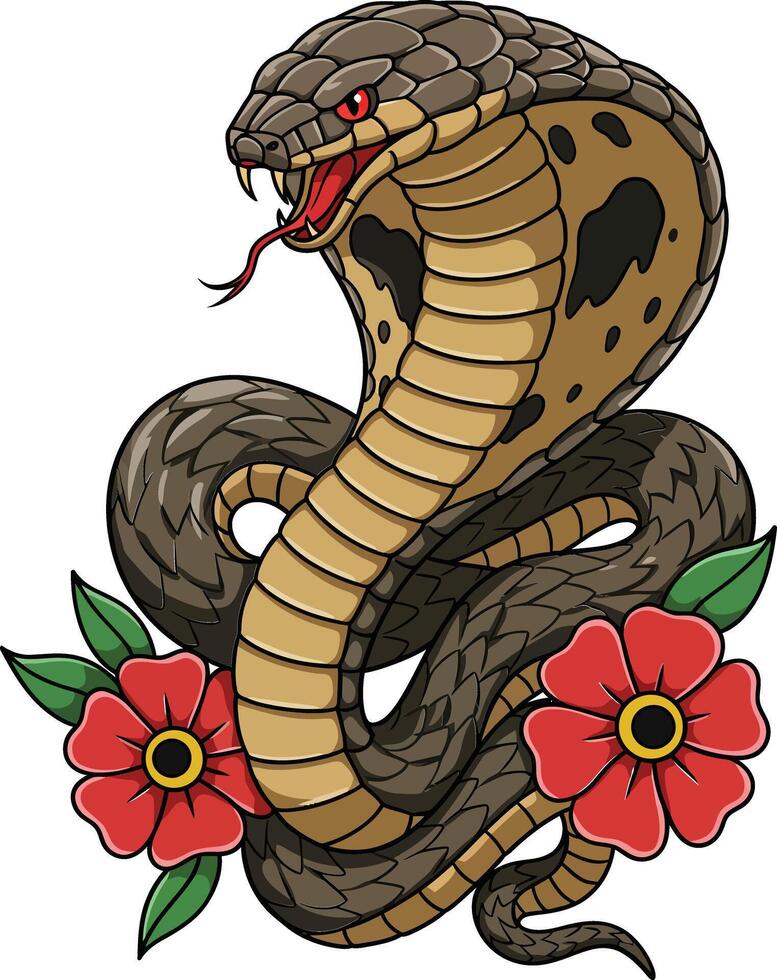 King cobra snake with red flowers tattoo style detailed illustration in natural pose and striking colors vector