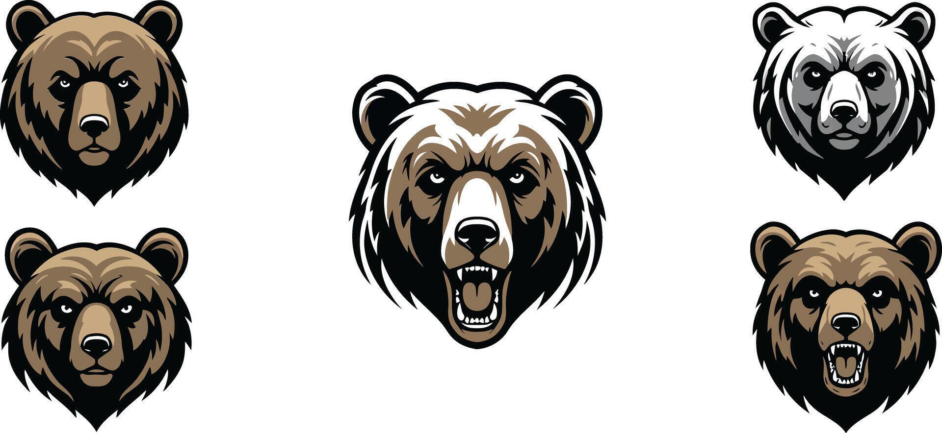 Grizzly bear heads collection with varied expressions wild animal illustrations for nature and wildlife design vector