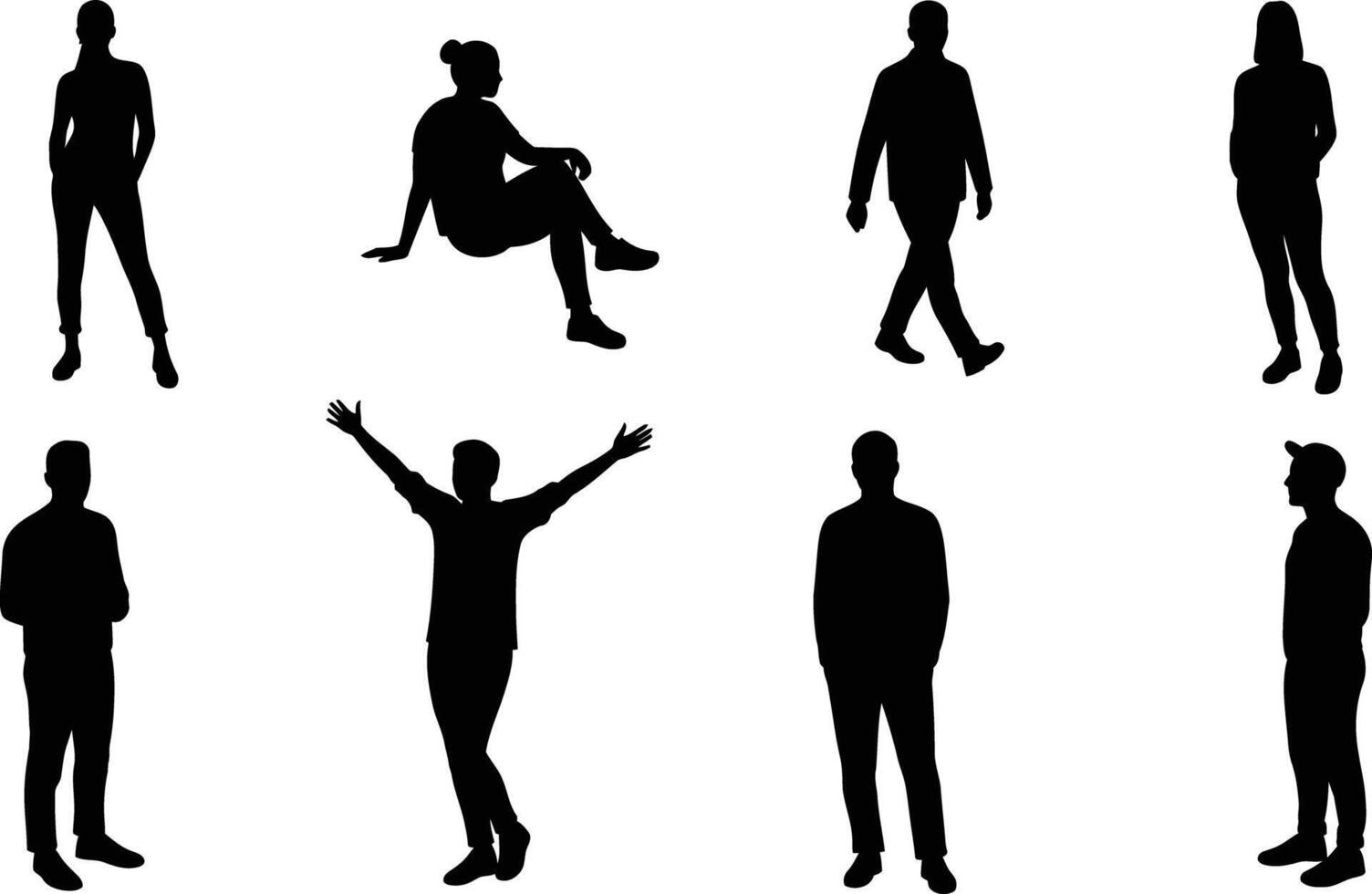 Silhouettes of diverse standing and sitting people in various poses illustration vector
