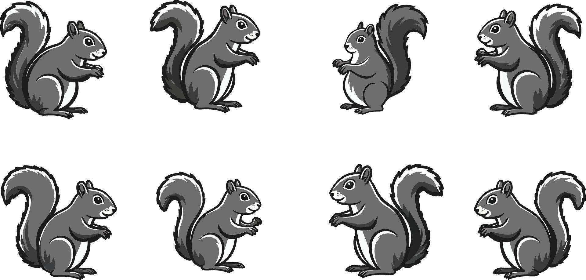 Gray squirrel silhouette set with multiple poses and side views for wildlife and nature illustration designs vector