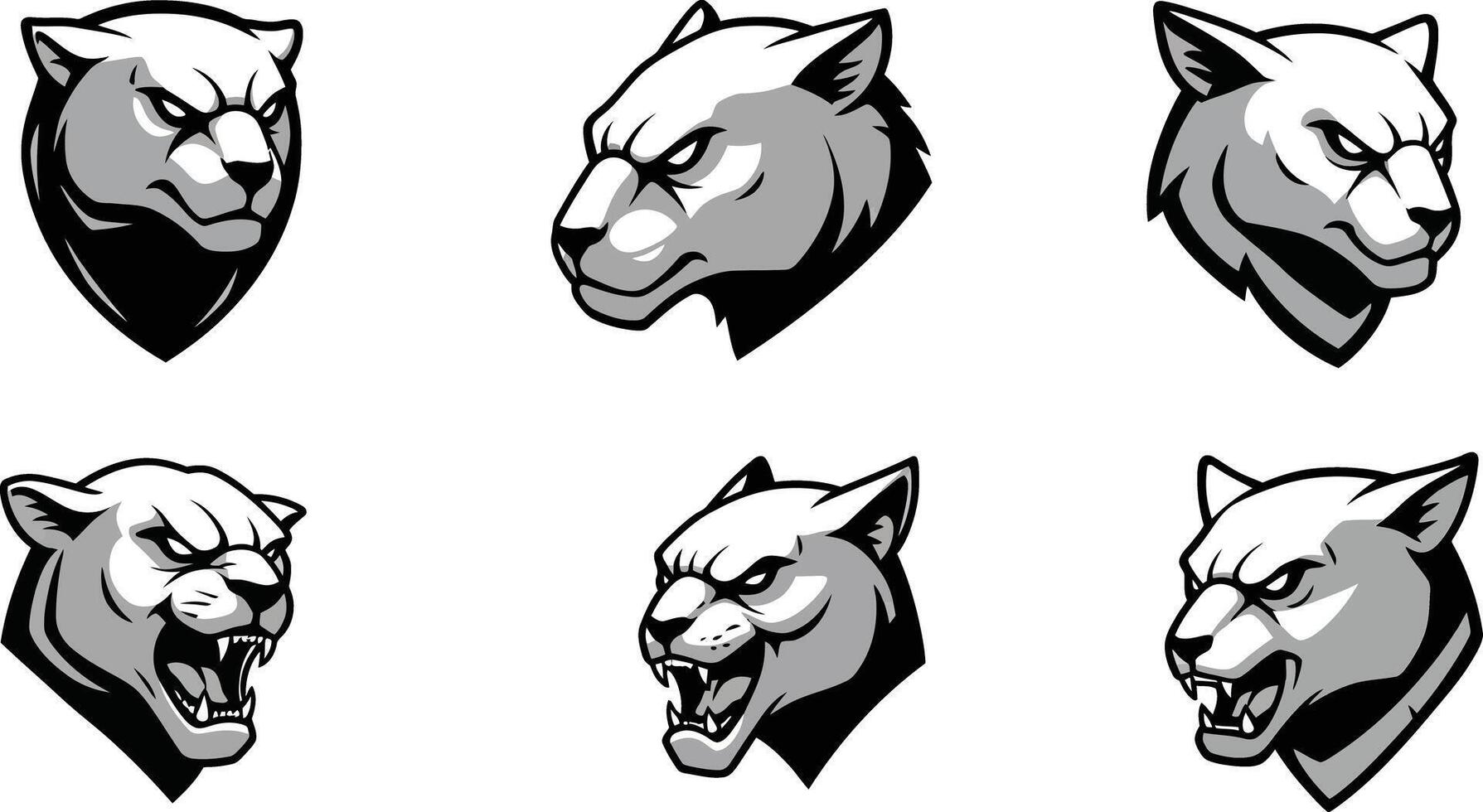 Panther head logo design set with aggressive and calm expressions in black and white illustration vector