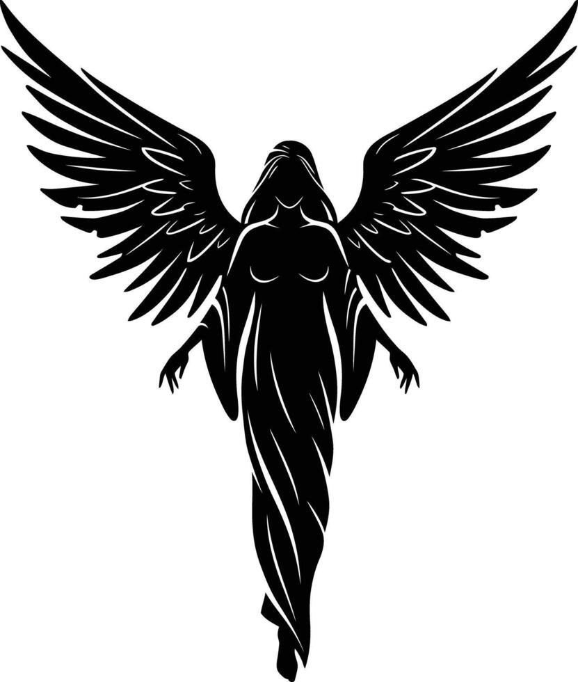 Black silhouette of angel with large spread wings in elegant flying pose on white background vector
