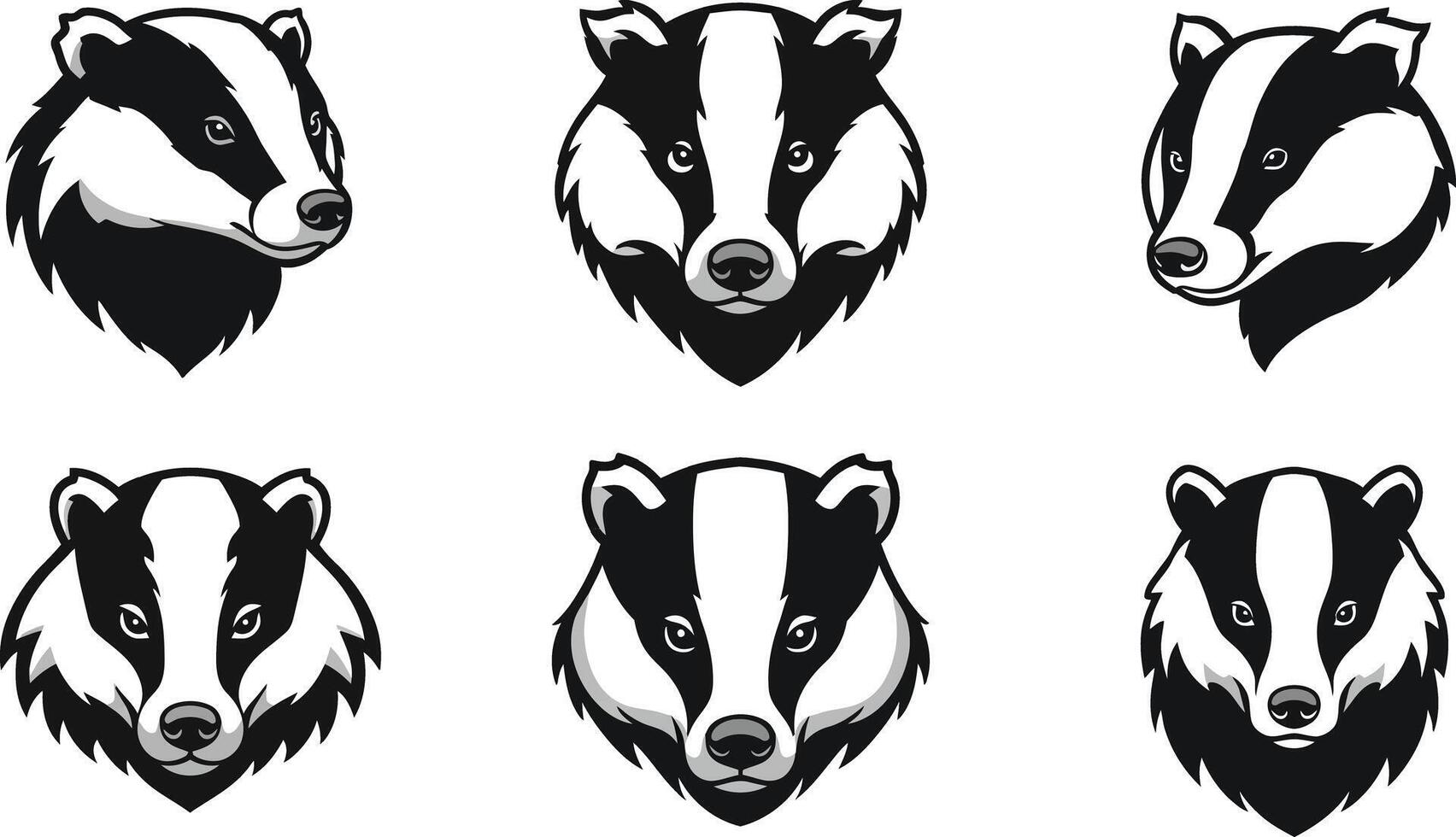 Badger head icons set with six different black and white animal face illustrations for wildlife design and nature projects vector