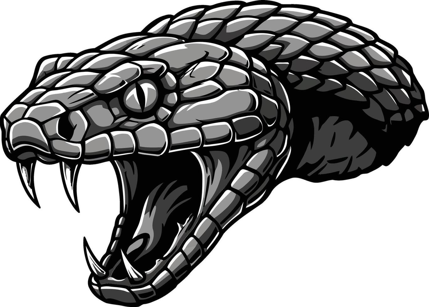 Black and white snake head illustration with scales and forked tongue in monochrome design vector