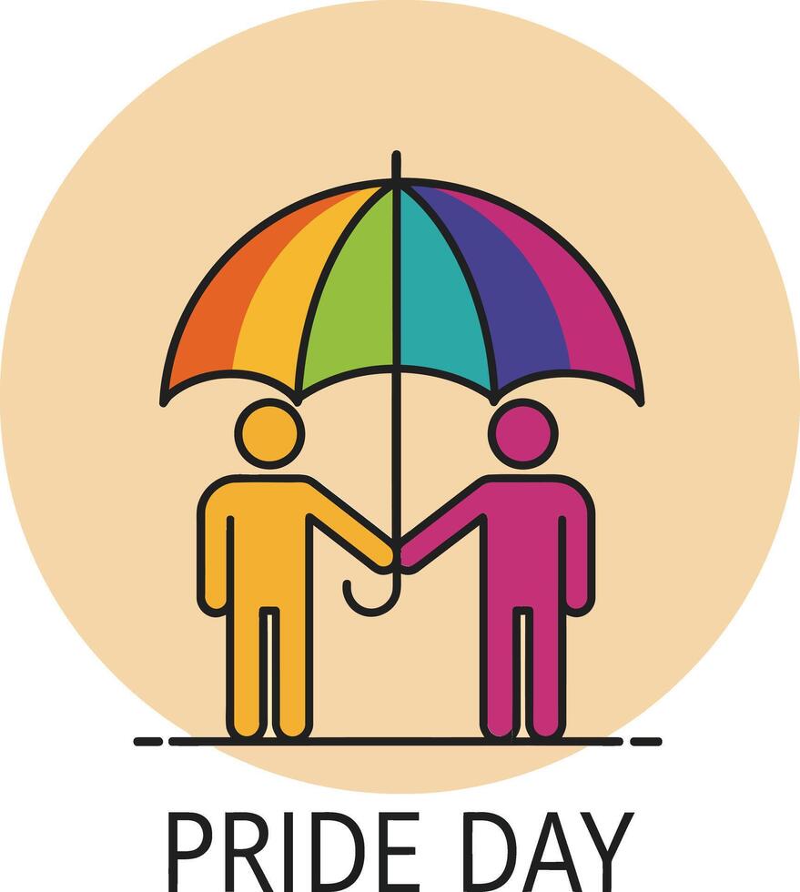 Pride day illustration with two people holding rainbow umbrella symbolizing equality and support for LGBTQ community vector