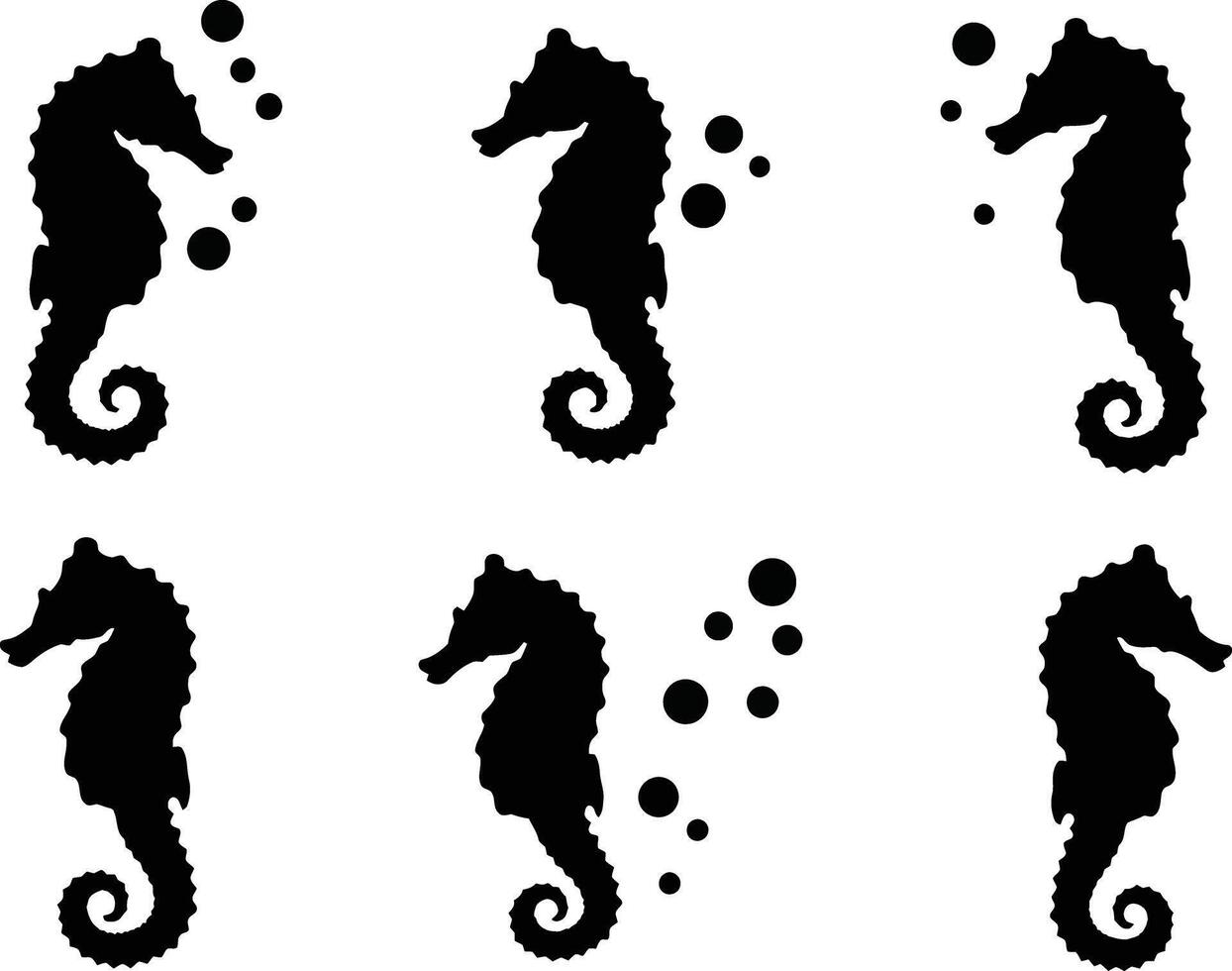 Set of simple black seahorse silhouettes with bubbles in illustration design vector