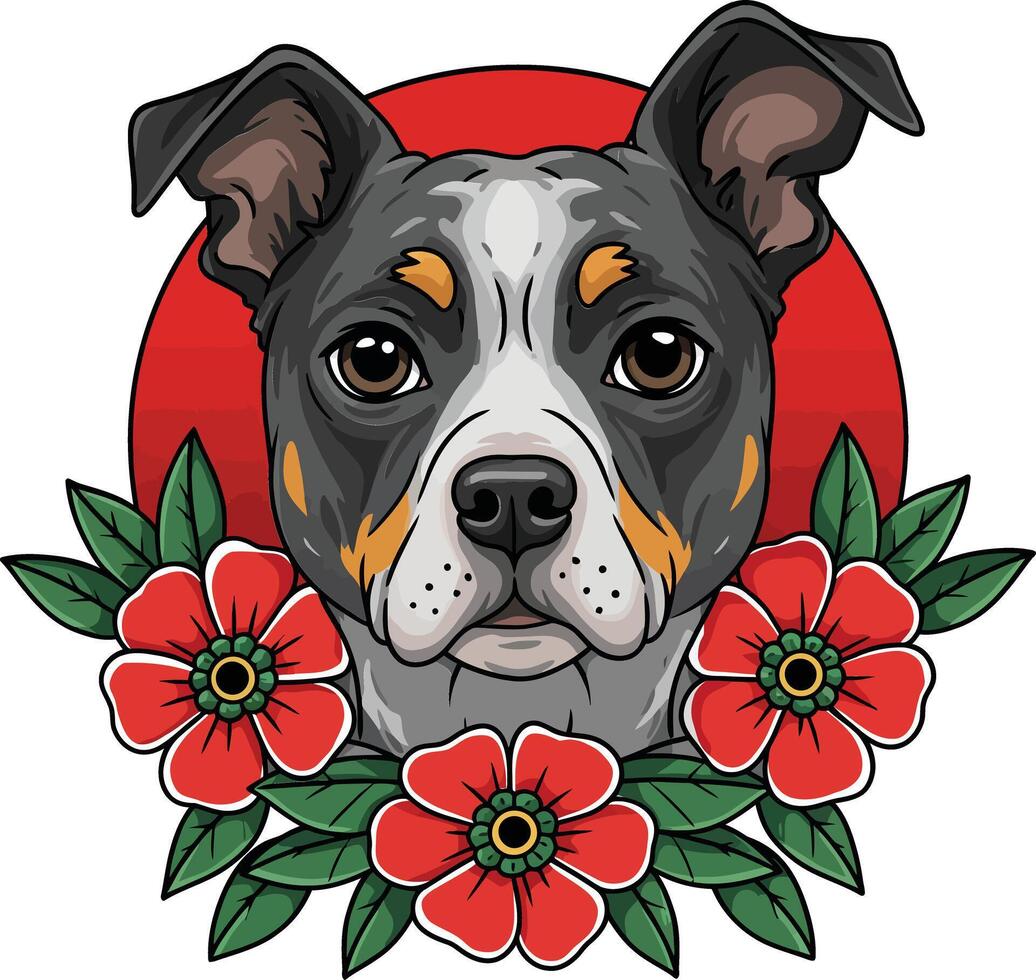 Staffordshire Bull Terrier Dog Portrait with Red Flowers and Leaves Illustration in Circular Frame vector