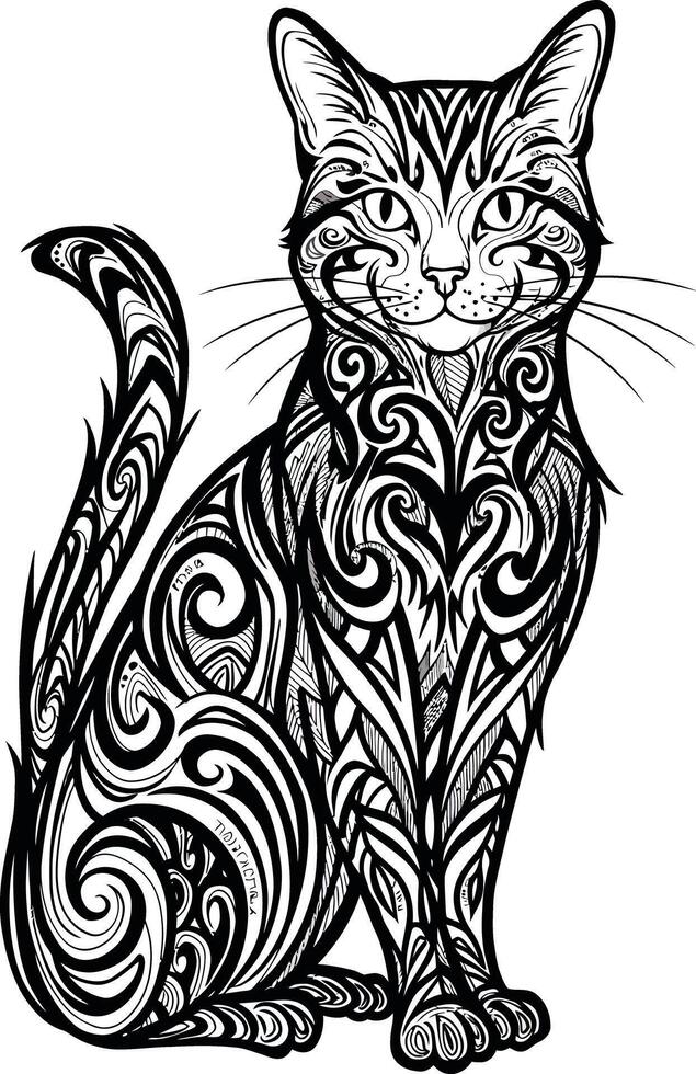 Sitting cat with intricate tribal patterns detailed black and white ink drawing artwork vector