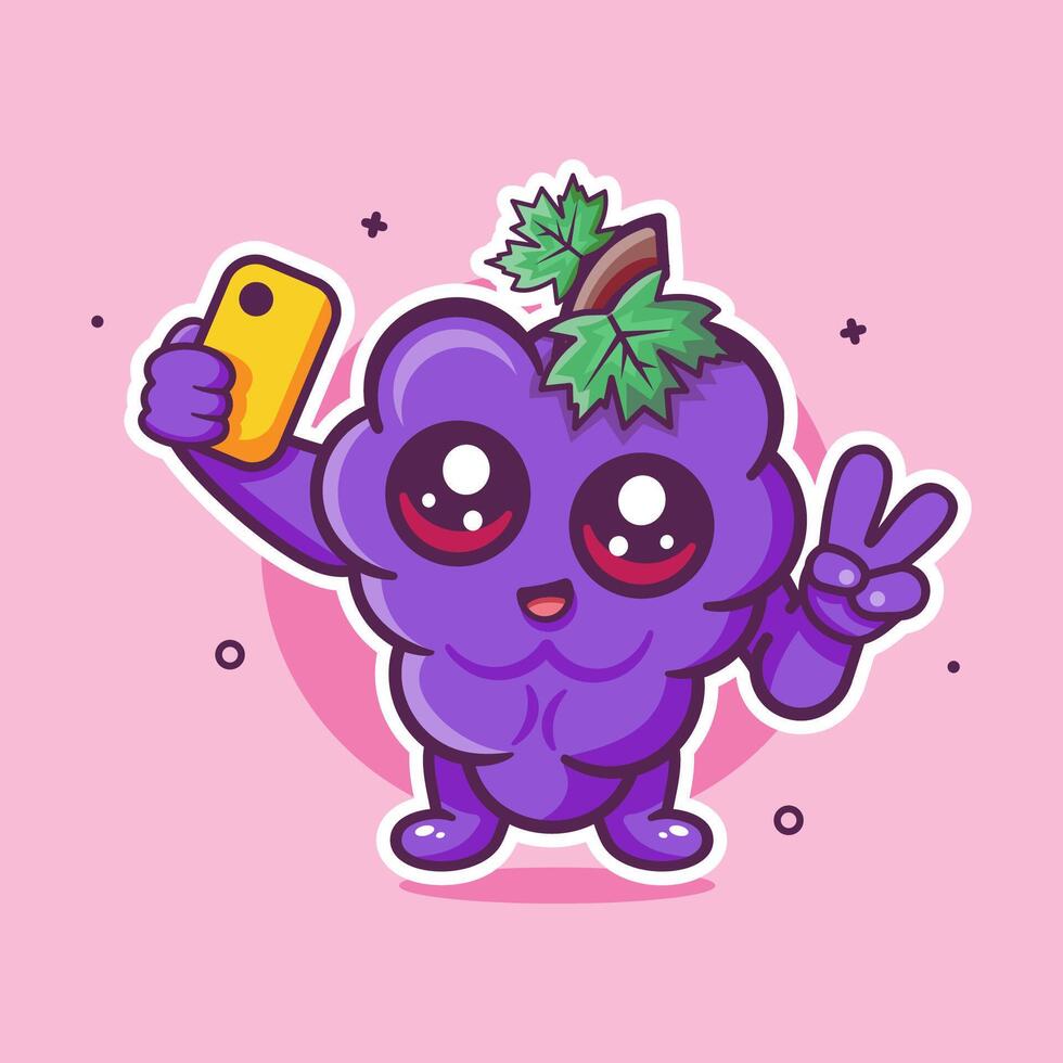 happy grape fruit character mascot taking a selfie with a smartphone isolated cartoon vector