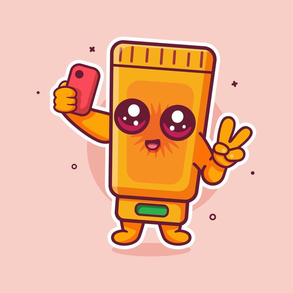 smiling sunblock tube character mascot taking a selfie with a smartphone isolated cartoon vector
