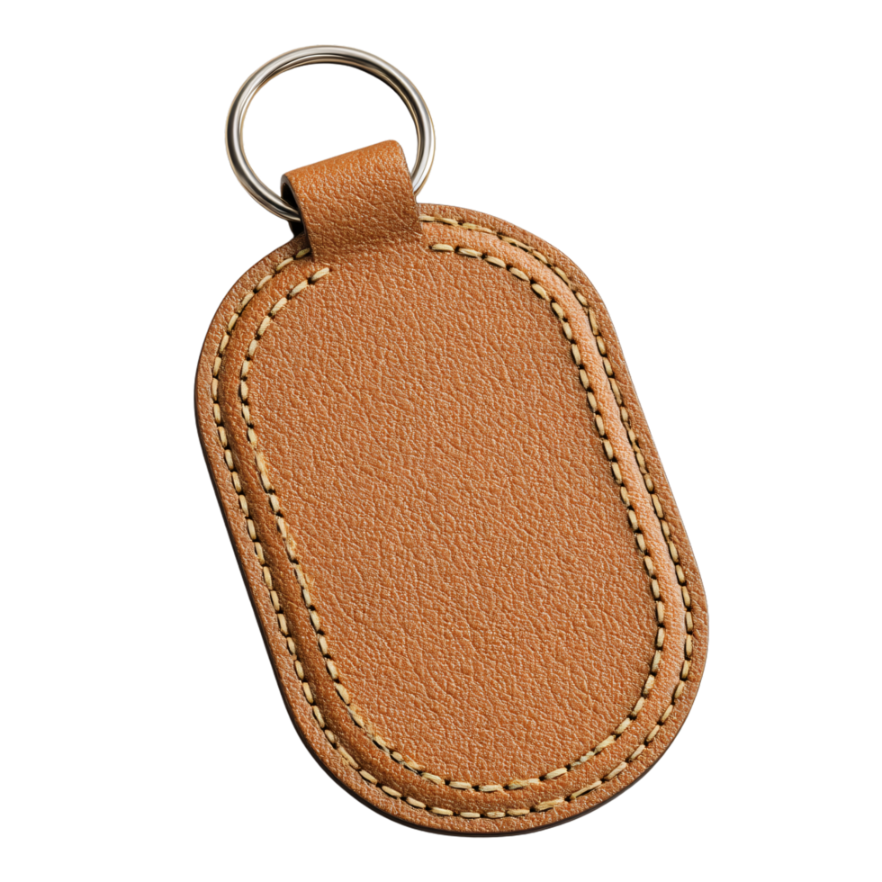 Brown Leather Key Tag with Keyring and Stitched Edge Design png