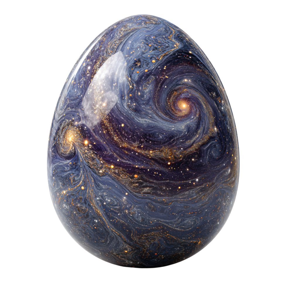 Celestial Swirling Galaxy Patterns on Shiny Egg-Shaped Object in Space Background png