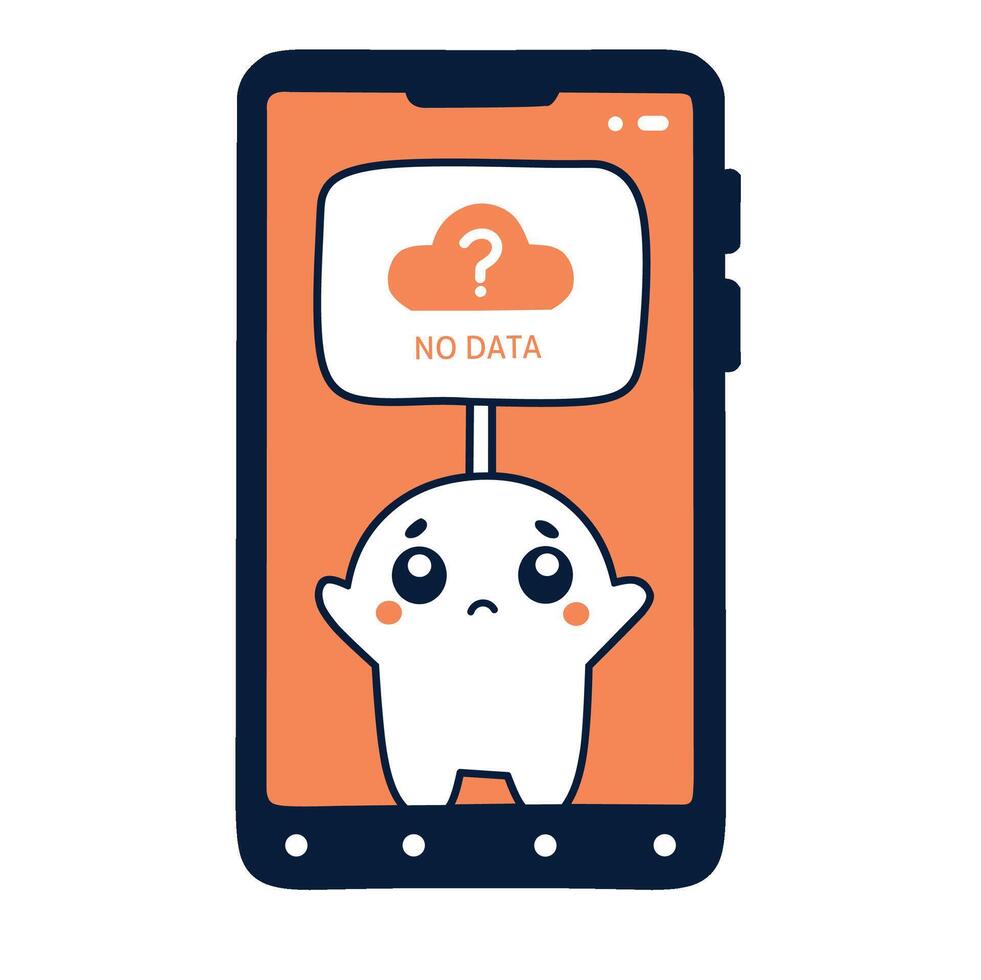 Mobile Data Error. Smartphone displaying a No Data warning sign and a question mark. Minimalist design. Ideal for app design, user interface examples. Clear, concise mood vector