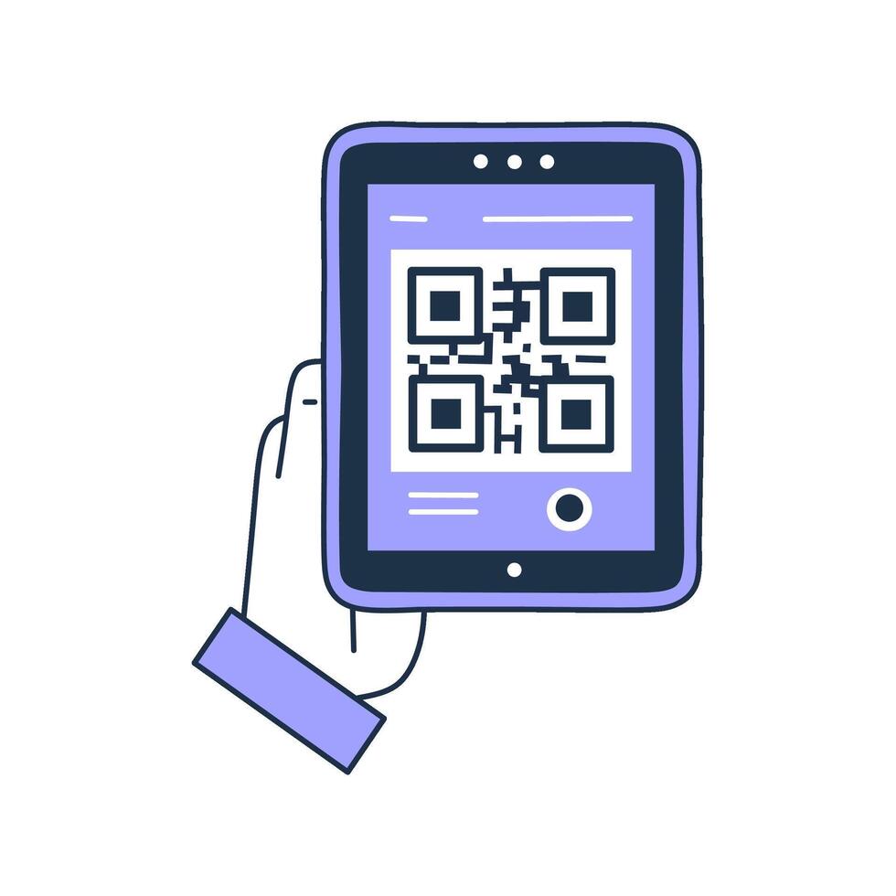 Tablet QR code scan. Hand holds device, scans code. Information access ...