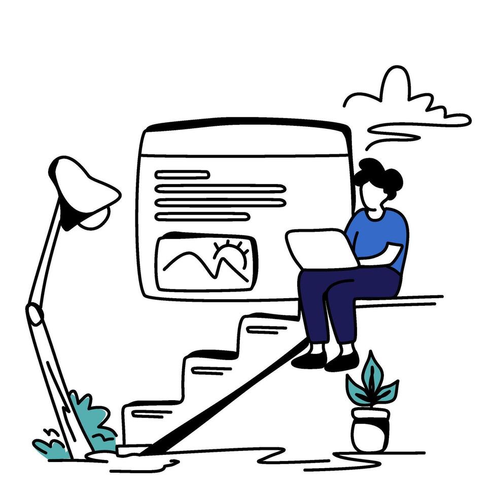 Male Programmer Working on Website. Coding interface on laptop at a modern desk. Simple, modern illustration. Ideal for tech industry, startups. Diligent, contemporary mood vector